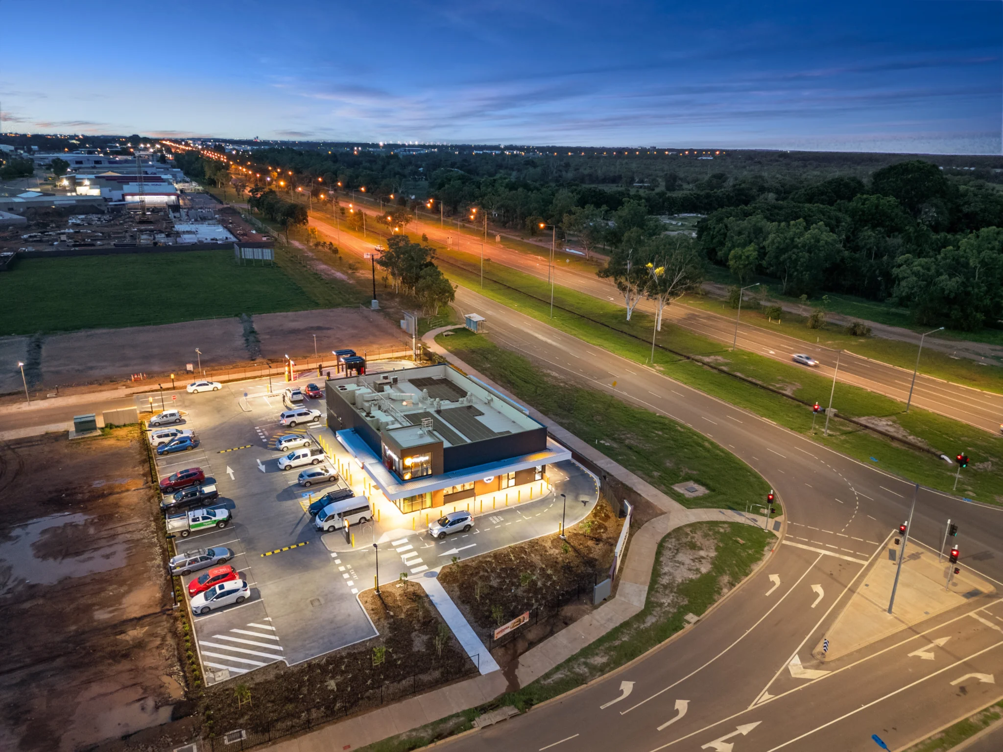 Aerial photograph of completed McDonald's Berrimah restaurant and surrounding road network